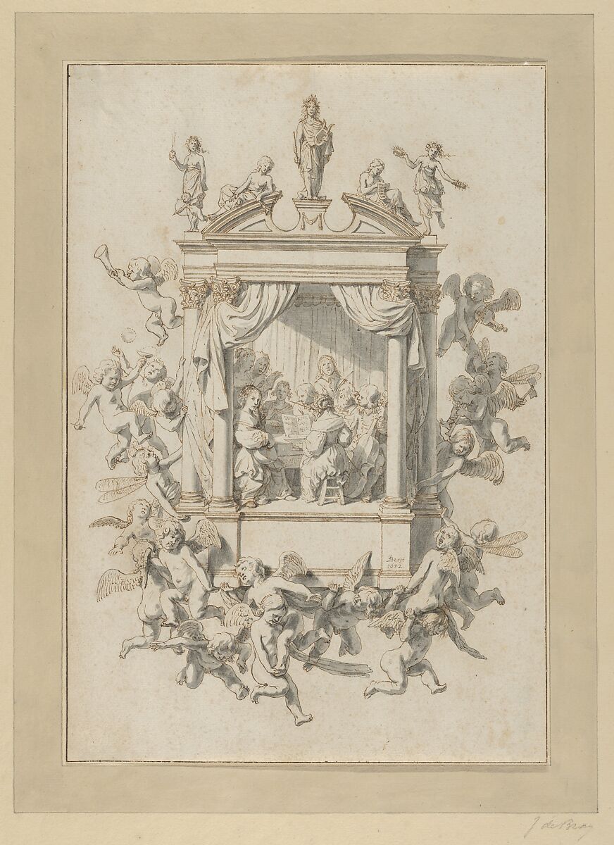 A Group of Men and Women Playing Chamber Music Within a Portico, Surmounted by Statues of Apollo and Female Figures, and Surrounded by Putti, Jan de Bray (Dutch, Haarlem ca. 1627–1697 Amsterdam), Pen and brown ink, gray wash, over black chalk; framing line in pen and brown ink, by the artist 
