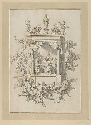 A Group of Men and Women Playing Chamber Music Within a Portico, Surmounted by Statues of Apollo and Female Figures, and Surrounded by Putti