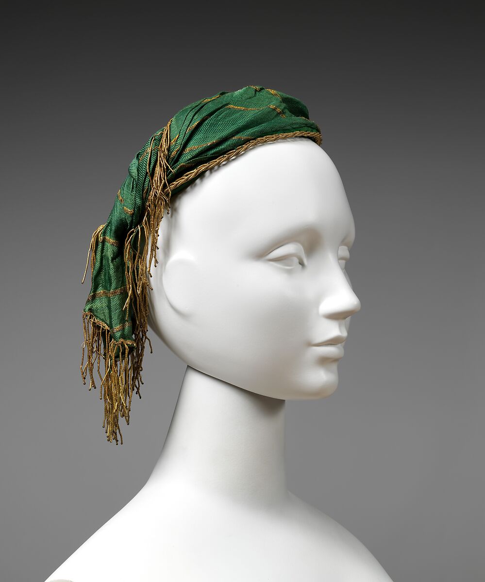 Headdress, silk, metal, French