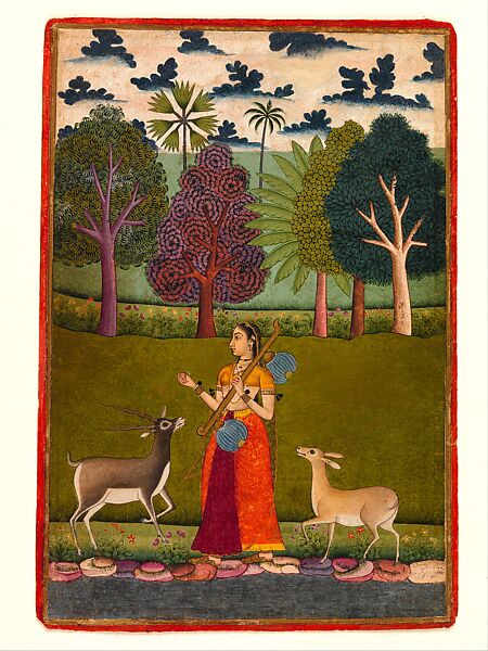 "Todi Ragini: A Lady with a Vina Attracts Two Deers," Folio from a dispersed Ragamala (Garland of Melodies), Opaque watercolor on paper; narrow red border, India, Aurangabad 