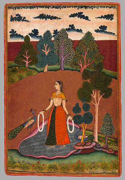 "Kakubha Ragini: A Lady Holding Flower Garlands Attracts Two Peacocks," Folio from a dispersed Ragamala (Garland of Melodies), Opaque watercolor on paper; narrow red border, India, Aurangabad 
