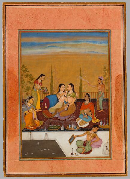 Ladies on a Terrace, Ruknuddin (active late 17th century), Opaque watercolor, black ink and gold on paper 