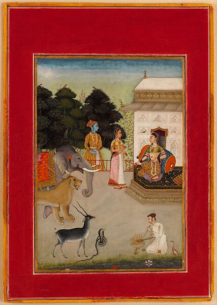 "The Heroine Shows Her Anger," Illustrated folio from a dispersed Rasikapriya (Lovers’ Breviary) of Keshav Das, Ruknuddin (active late 17th century), Opaque watercolor and gold on paper; wide red border with gold and variously colored inner rules; 