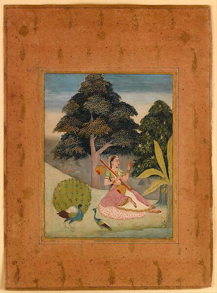 "Gujari Ragini: A Lady With A Vina Seated on a Bed of Lotus Flowers" Folio from a dispersed Ragamala (Garland of Melodies), Ruknuddin (active late 17th century), Opaque watercolor and gold on paper, India, Rajasthan, Bikaner 