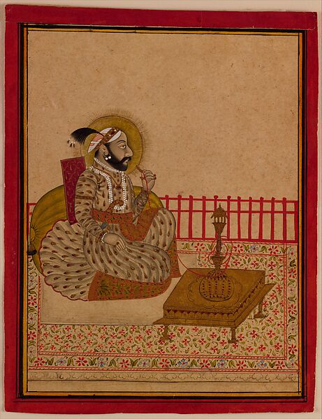 Maharana Amar Singh II of Mewar Smoking a Huqqa, Attributed to the Stipple Master (Indian, active ca. 1690–1715), Brush drawing in black ink, and opaque watercolor and gold on paper, India, Rajasthan, Mewar 
