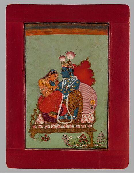 Krishna and Radha Enthroned, Opaque watercolor and gold  on paper, India, Rajsasthan, probably Bundi 