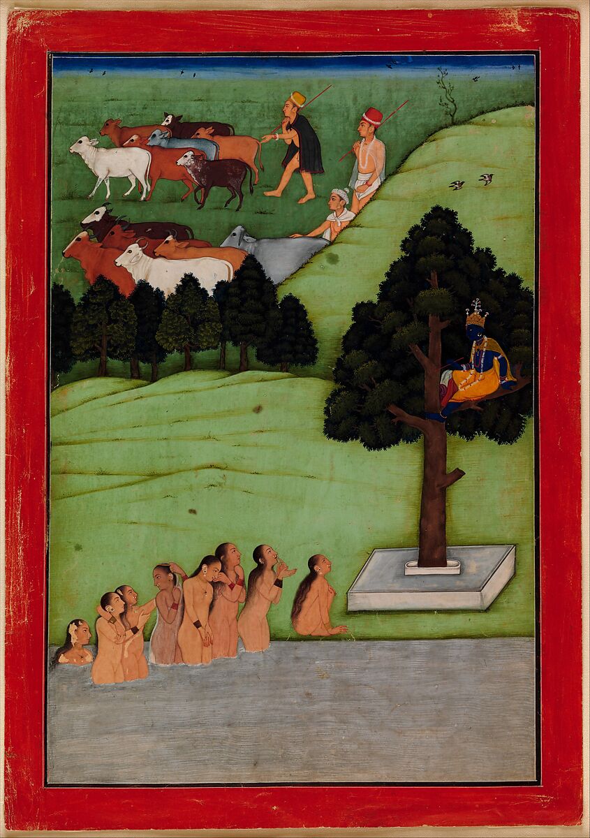 "Krishna Steals the Clothing of the Gopis (Female Cowherds)", Folio from the Devotional Text of the Bhagavata Purana, Attributed to The Early Master at the Court of Mandi (Indian, active ca. 1635–1660), Opaque watercolor and gold  on paper, Indian 
