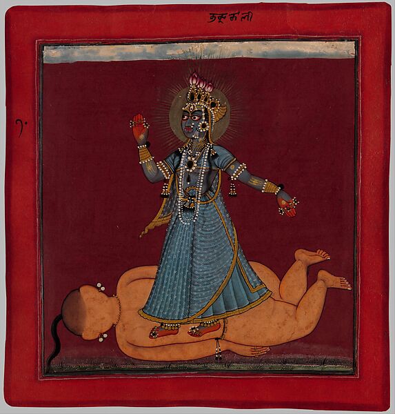 "The Devi, in the Form of Bhadrakali, Standing on the Corpse of a Giant Brahmin," Illustrated folio from a dispersed "Tantric Devi" series, Attributed to the Master of the Early Rasamanjari, Opaque watercolor, gold, silver and beetle­wing cases on paper 