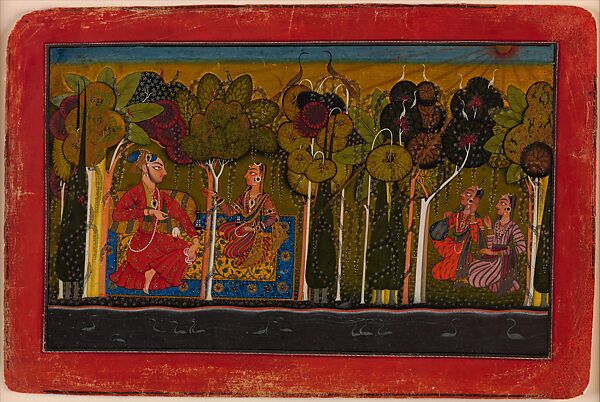 "A Nobleman and His Devoted Wife Seated in the Forest; Two Female Musicians Attend," Folio probably from an unidentified Nayaka­nayika (hero­heroine) series, Opaque watercolor, gold, and applied beetle­wing cases on paper 