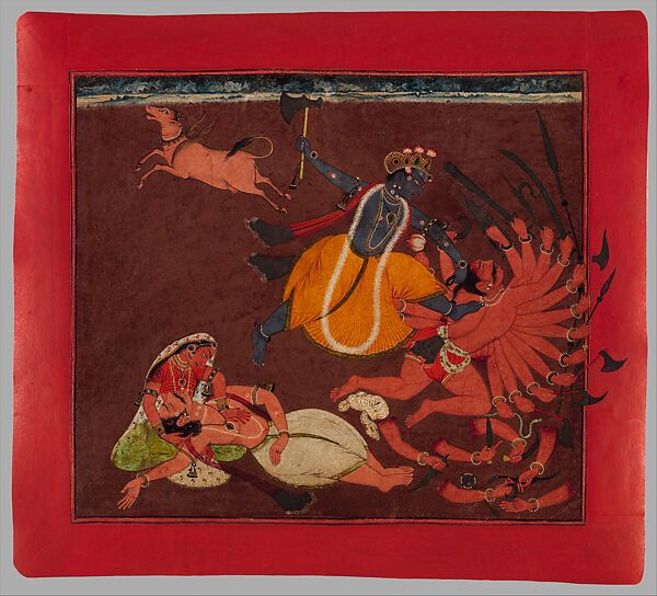 "Rama with the Ax (Parashurama) Slays the Many Armed King Karthavirya,"  Folio from a Vishnu Avatara (The Incarnations of Vishnu), Opaque watercolor, gold and applied  beetle­wing cases (for jewelry) on paper 