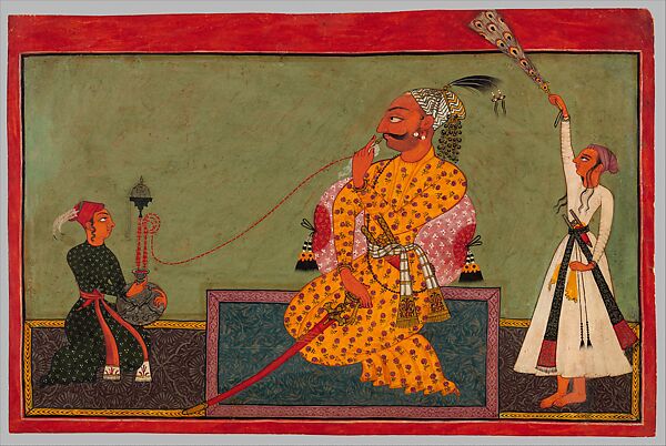 A Seated Nobleman, Possibly Raja Kirpal Pal of Basohli, Smoking a Huqqa, Attributed to Early Bahu&#39; Master, Opaque watercolor on paper 