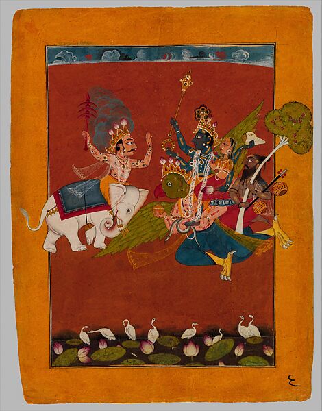 "Krishna Battles Indra in Transporting the Parijata Tree from Indra’s Heaven," Illustrated folio from the “Upright" Bhagavata Purana (The Ancient Story of God), Opaque watercolor on paper 