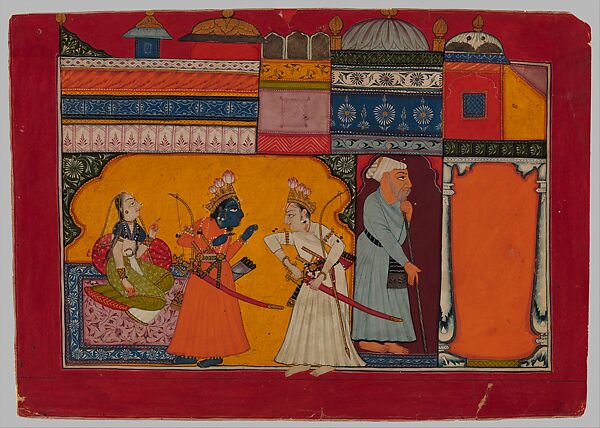 "Rama Commands Lakshmana to Take Sita Away," Illustrated folio from the “Shangri" Ramayana (The Adventures of Rama) (Style I), Attributed to the Early Bahu Master, Opaque watercolor, silver and gold on paper 