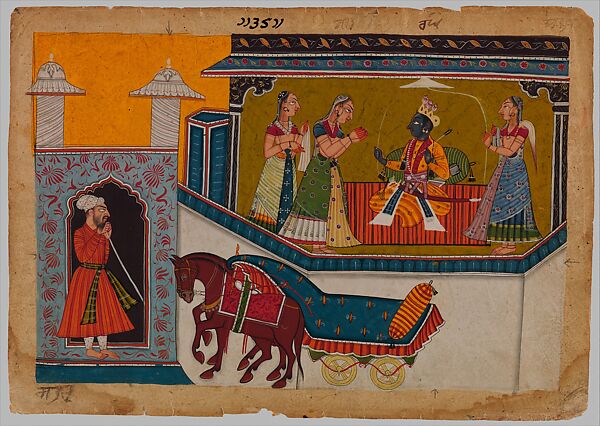 "Rama Interviews Sita in a Palace Interior," Illustrated folio from the dispersed “Shangri" Ramayana (The Adventures of Rama) (Style II), Opaque watercolor, gold, and silver on paper 
