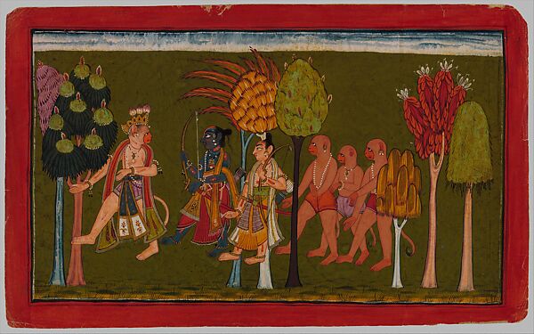 Sugriva, King of the Monkeys, Leads Rama and Lakshmana through the Forest; Illustrated folio from the dispersed Shangri Ramayana series (Style III), Ink and opaque watercolor on paper, India, Punjab Hills, kingdom of Jammu (Bahu) 