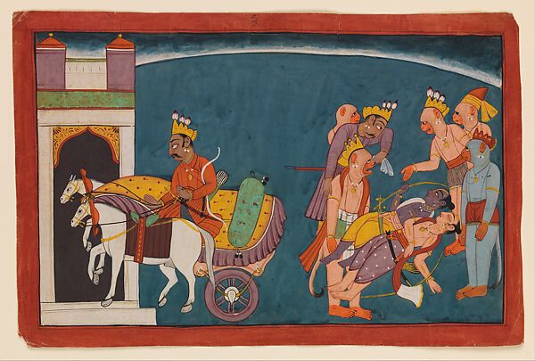 Mourning the Assumed Death of Rama and Lakshmana: Folio from the dispersed Shangri Ramayana series (Style III), Opaque watercolor on paper, India, Punjab Hills, kingdom of Jammu (Bahu) 