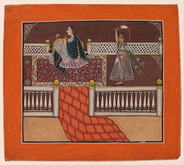 A Lady on a Terrace Smoking a Huqqa, Opaque watercolor on paper, India, Punjab Hills, Jammu 