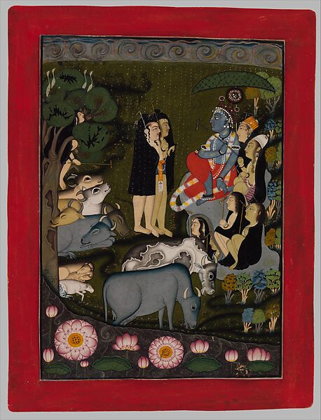 Krishna Celebrates the Start of the Rainy Season, folio from the devotional text of the Bhagavata Purana, Attributed to the Master of the Swirling Skies, Opaque watercolor and silver on paper, India, Punjab Hills, kingdom of Jammu 