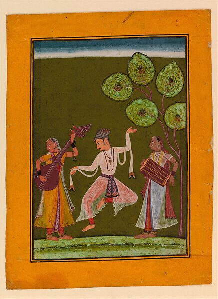 "Madhava Ragaputra: A Nobleman Dancing to the Music of Two Ladies" Folio from a Ragamala (Garland of Melodies), Opaque watercolor on paper 