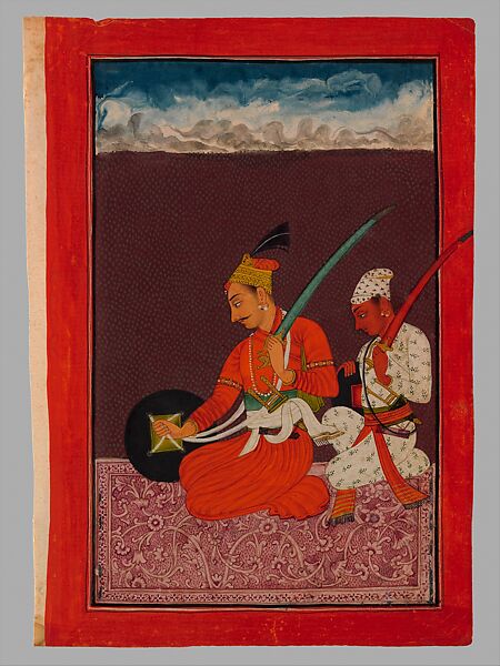 "Megha Raga: Two Soldiers Seated on a Carpet Holding Swords Balanced on Their Shoulders," Folio from a dispersed Ragamala (Garland of Melodies), Opaque watercolor on paper heightened with gold 