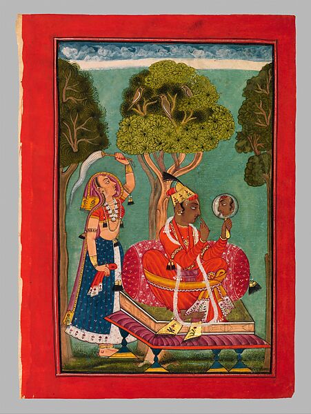 "Madhava Ragaputra, Son of Bhairava Raga: A Young Prince Seated on a Throne, Gazing in a Mirror," Folio from a dispersed Ragamala (Garland of Melodies), Opaque watercolor  on paper heightened with gold, India, Punjab Hills, Chamba 