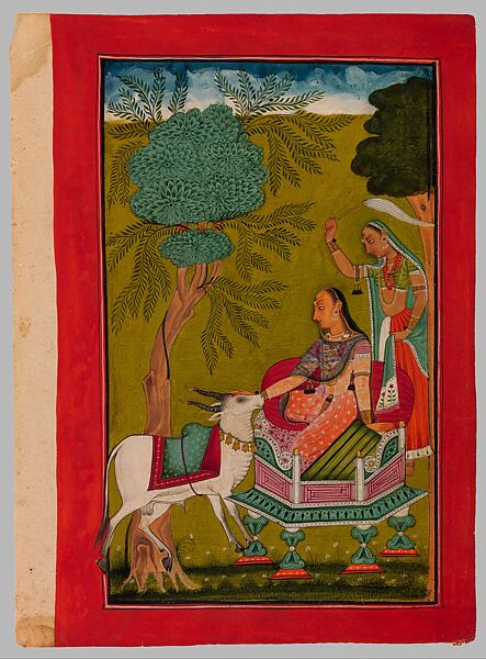 "Ragini Virati, Wife of Shri Raga: An Enthroned Lady Caressing a White Water Buffalo," Folio from a dispersed Ragamala (Garland of Melodies), Opaque watercolor and gold  on paper, India, Punjab Hills, Chamba 