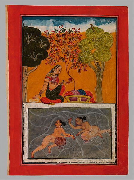 "Ragini Sindhuri, Wife of Hindol Raga: A Lady Seated Beside a Lotus Pond in Which Her Two Naked Confidantes are Swimming," Folio from a dispersed Ragamala (Garland of Melodies), Opaque watercolor and gold on paper 