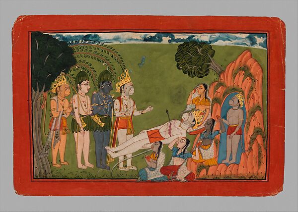 The Death of the Monkey King Vali; Illustrated folio from the dispersed Mankot Ramayana series, Ink, opaque watercolor, and gold on paper, India, Punjab Hills, kingdom of Mankot or Nurpur 