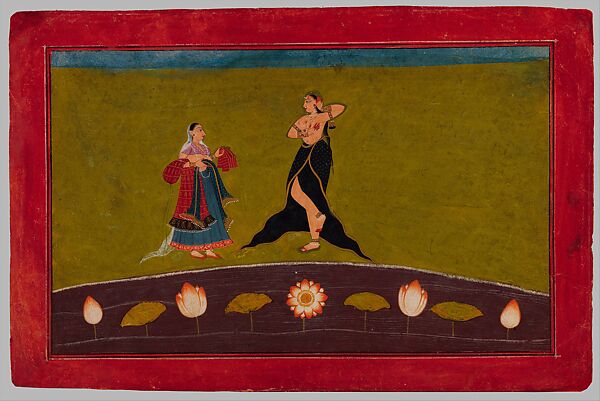 "A Heroine (Nayika) Bathing, Attended by Her Confidante," Folio from the dispersed “Nurpur" Rasamanjari (Bouquet of Delights), Attributed to Golu, Opaque watercolor and gold on paper 