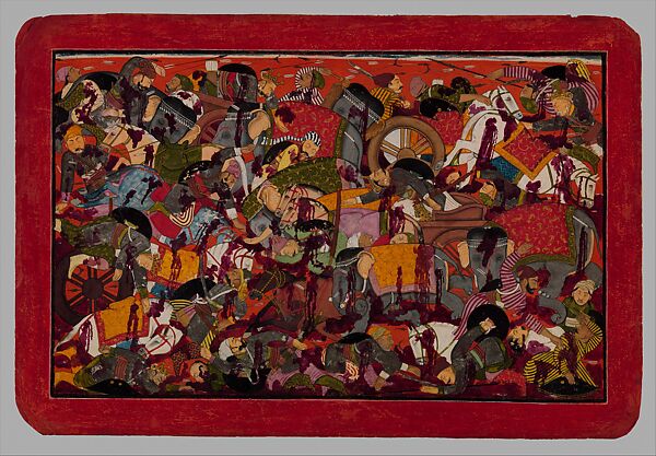 "The Nightmare Dream of a King: The Fearsome Aftermath of the Battle of Kurukshetra," Folio from the unfinished "Small Guler" Bhagavata Purana (The Ancient Story of God), Manaku (Indian, active ca. 1725–60), Opaque watercolor, gold and silver on paper 