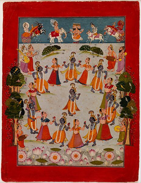 Krishna Dances in the Raslila with the Gopis (Female Cowherds), Opaque watercolor and gold on paper, India, Punjab Hills, kingdom of Basohli 