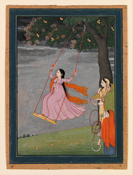 Lady on a Swing in the Monsoon, Opaque watercolor and gold on paper, India, Punjab Hills 