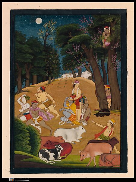 Hide and Seek: Krishna Playing a Game with the Gopas (Cowherders), Manaku (Indian, active ca. 1725–60), Opaque watercolor, ink and gold on paper 