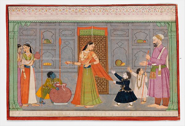 Krishna as a Child Stealing Butter, folio from the devotional text of the Bhagavata Purana, Opaque watercolor and gold  on paper, India, Punjab Hills, kingdom of Kangra or Guler 