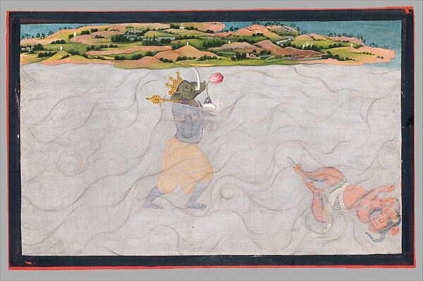 Varaha, The Boar Incarnation of Vishnu, folio from the Tehri Garhwal series of the Gita Govinda, Opaque watercolor and gold  on paper, India, Punjab Hills, kingdom of Kangra or Guler 