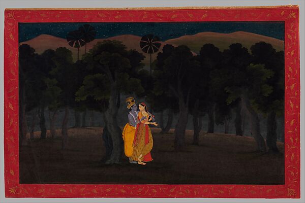 Radha and Krishna Walking at Night, folio from the Tehri Garhwal series of the Gita Govinda, Opaque watercolor and gold  on paper, India, Punjab Hills, kingdom of Kangra or Guler 