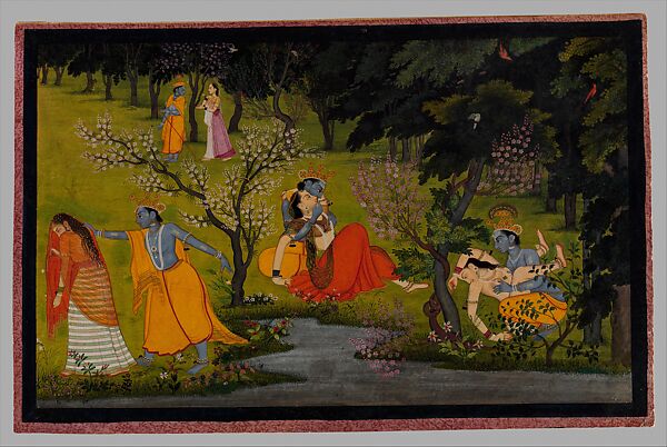 "Krishna Frolics with the Gopis (Milkmaids)", Folio from the "Second" or "Tehri Garhwal" Gita Govinda (Song of God), Opaque watercolor and gold  on paper, India, Punjab Hills, Kangra or Guler 