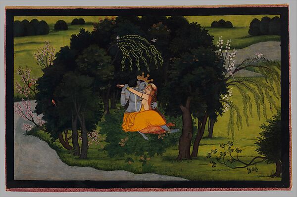"Krishna and Lakshmi, or Sri, Make Love in a Bower," Folio from the "Second" or "Tehri Garhwal" Gita Govinda (Song of God), Opaque watercolor and gold on paper 