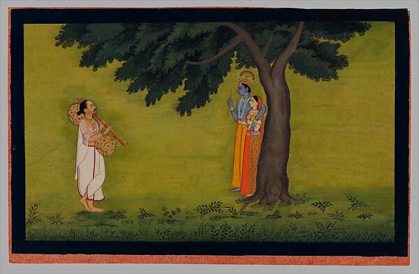 The Poet and Author of the Gita Govinda, Jayadeva, Visualizes Radha and Krishna, folio from the Tehri Garhwal series of the Gita Govinda, Opaque watercolor and gold  on paper, India, Punjab Hills, kingdom of Kangra or Guler 