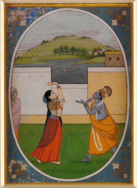 "Krishna and Radha Toss a Flower," Folio from the "Kangra Bihari" Sat Sai (Seven Hundred Verses), Fattu, Opaque watercolor, ink and gold on paper 