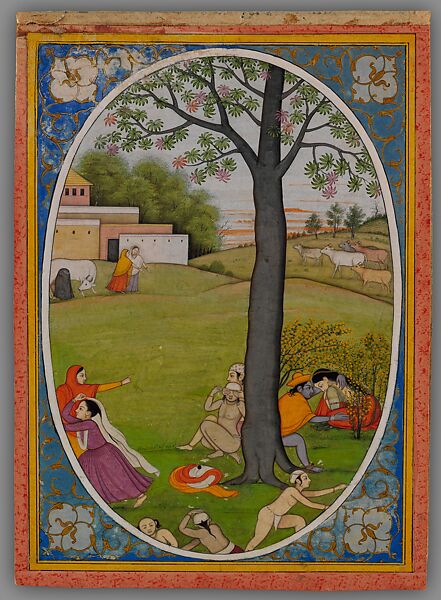 "The Villagers Play Hide and Seek; Krishna Discovers Radha Hidden in a Clump of Bushes," Folio from the "Kangra Bihari" Sat Sai (Seven Hundred Verses), Fattu, Opaque watercolor, ink and gold on paper, India, Punjab Hills, Guler 