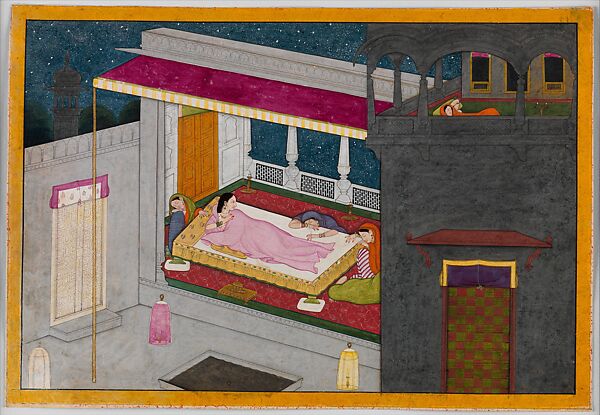 "Damayanti, Lost in Her Thoughts, While Everyone Else Sleeps," Folio from an unidentified Nala­Damayanti, Opaque watercolor, gold and silver on paper 