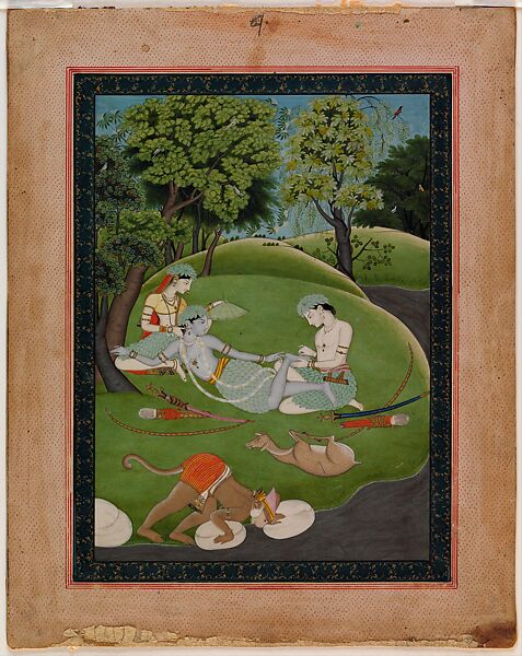 Rama and Sita in the Forest: A Thorn is Removed from Rama’s Foot, Opaque watercolor, gold and silver (now tarnished)  on paper 