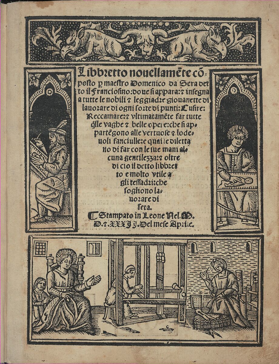 Libbretto nouellamete composto per maestro Domenico da Sera...lauorare di ogni sorte di punti, title page (recto), Domenico da Sera  French, Woodcut