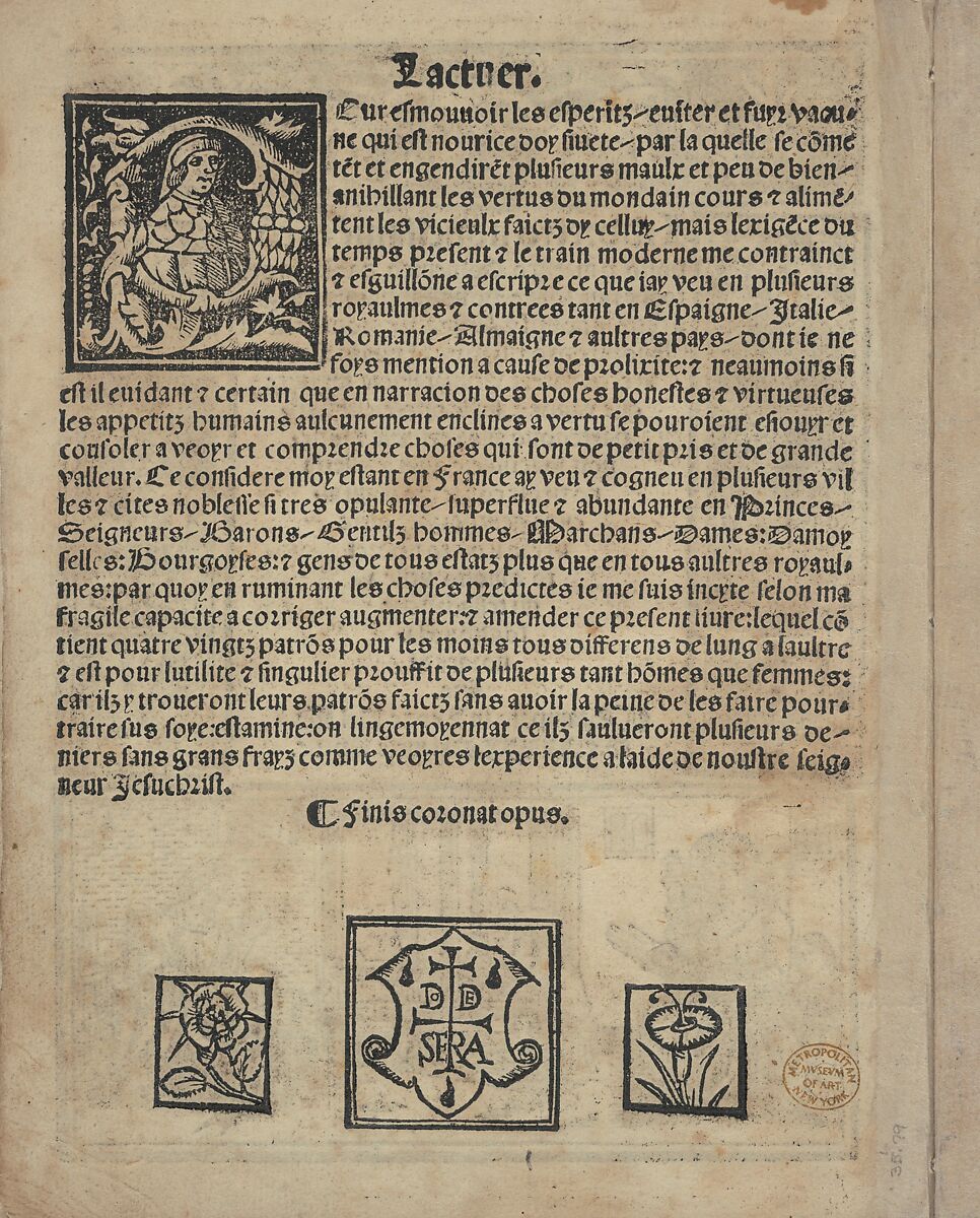 Libbretto nouellamete composto per maestro Domenico da Sera...lauorare di ogni sorte di punti, title page (verso), Domenico da Sera (French, active Italy, 16th century), Woodcut 