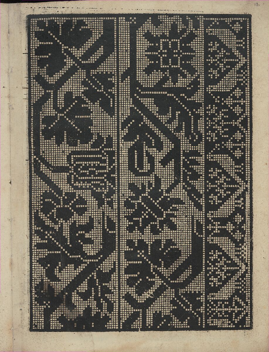 Libbretto nouellamete composto per maestro Domenico da Sera...lauorare di ogni sorte di punti, page 13 (recto), Domenico da Sera (French, active Italy, 16th century), Woodcut 