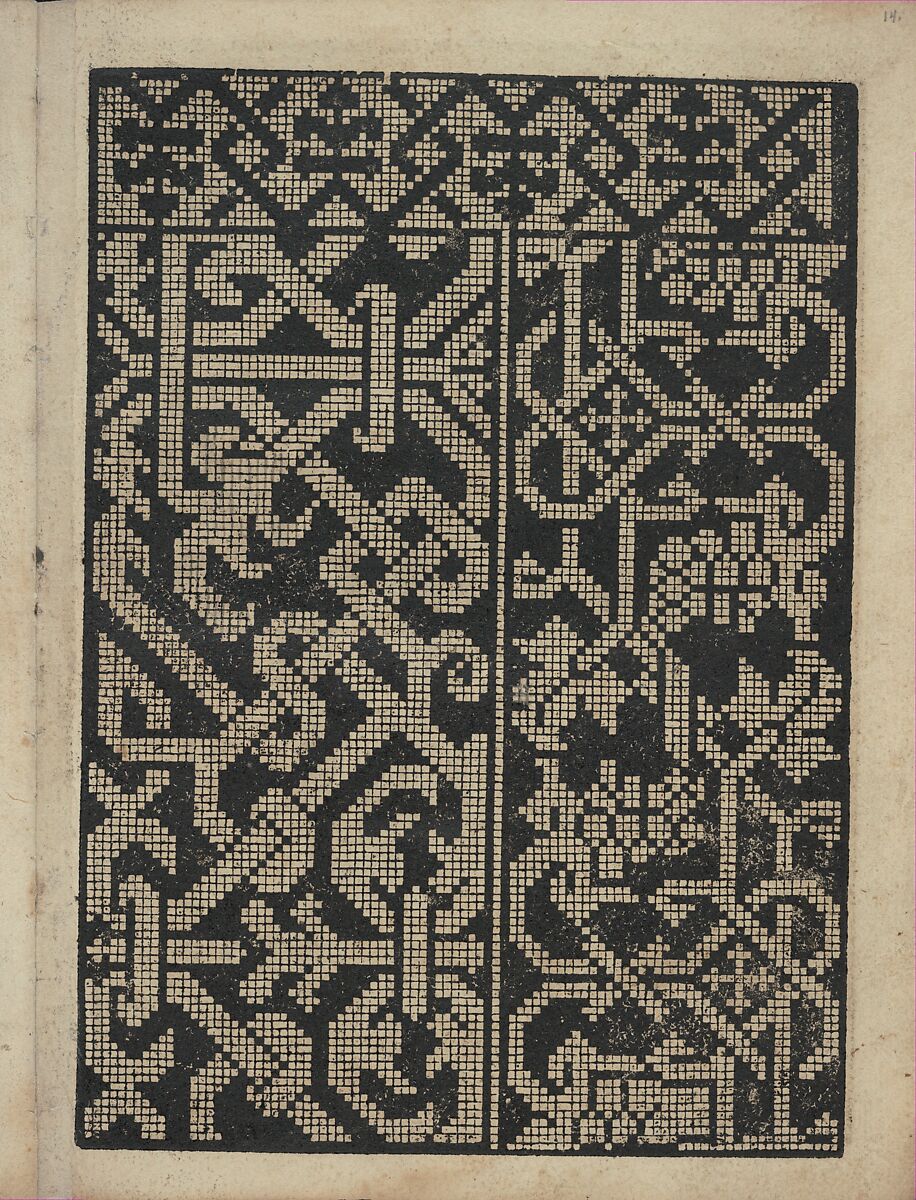 Libbretto nouellamete composto per maestro Domenico da Sera...lauorare di ogni sorte di punti, page 14 (recto), Domenico da Sera (French, active Italy, 16th century), Woodcut 