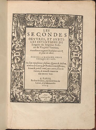Les Secondes Oeuvres, et Subtiles Inventions De Lingerie du Seigneur Federic de Vinciolo Venitien, title page (recto)