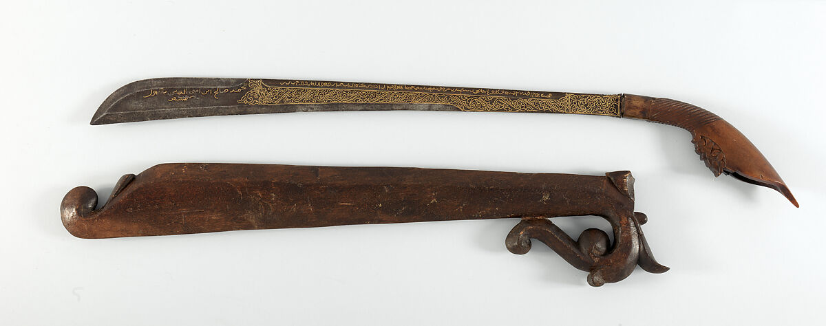 Sword (<i>Rudus</i>) and Scabbard, Muhammad Salih of Terumon (Malaysian, active Kampung Payang, ca. 1835), Steel, horn, gold, wood, Malaysian, Kampung Payang and Sumatran, Aceh 