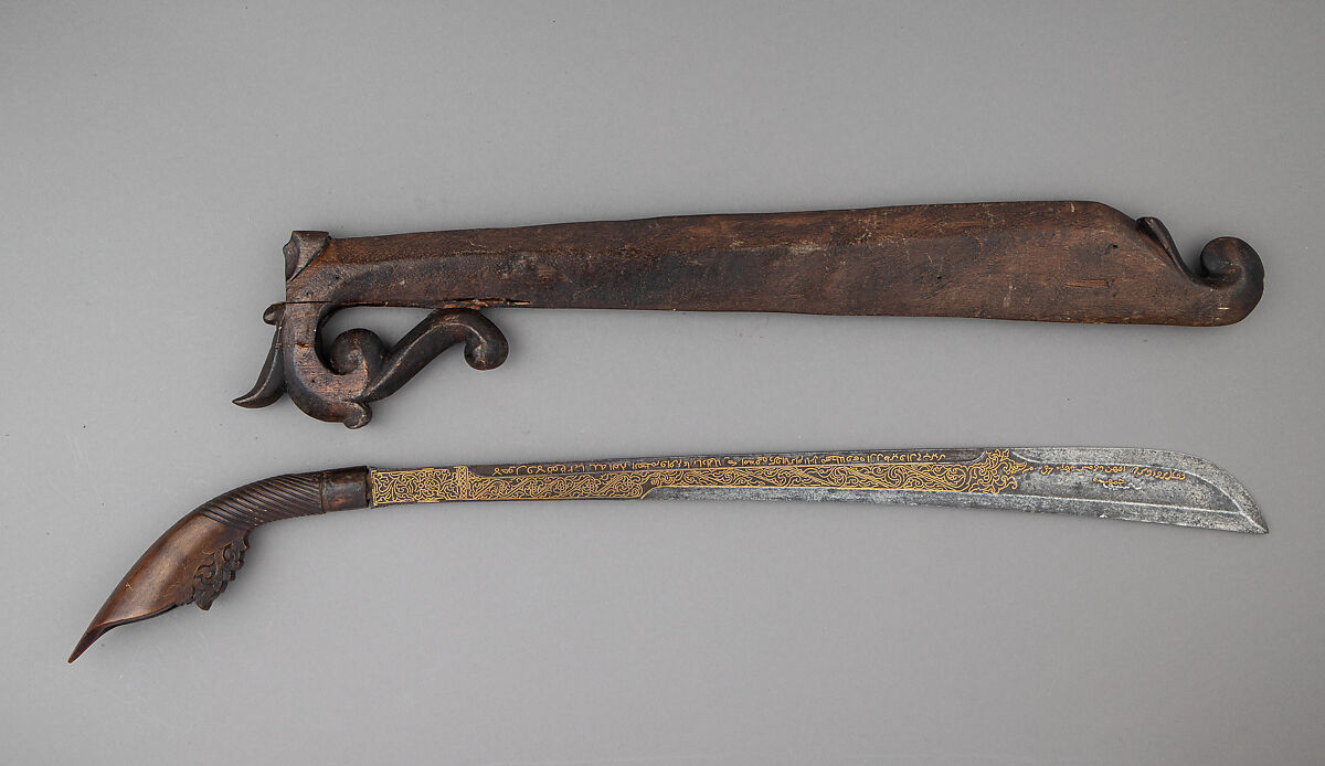 Sword (<i>Rudus</i>) and Scabbard, Muhammad Salih of Terumon (Malaysian, active Kampung Payang, ca. 1835), Steel, horn, gold, wood, Malaysian, Kampung Payang and Sumatran, Aceh